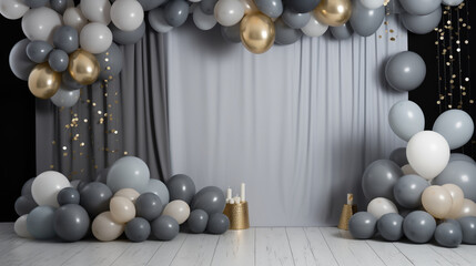 Balloon birthday backdrop, white birthday cake, grey tone background, gold and white balloon, happy birthday, golden bokeh