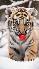 A baby Amur tiger rolls around in the snow and looks up at the sky with a warm red fruit in the snow created with Generative Ai