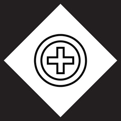Add icon vector. Plus logo design. Medical cross vector icon illustration in rhombus isolated on black background