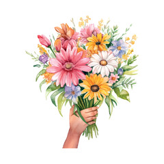 spring bouquet in hands watercolor naive style on white background