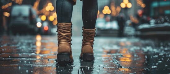 Woman in winter boots walking in the city. - obrazy, fototapety, plakaty