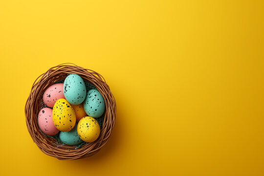 Colorful Easter eggs. Painted easter eggs on a bright yellow background. Stylish background with colorful easter eggs isolated on yellow background Flat lay, top view, mockup, overhead, template