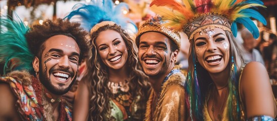 Young women in costume enjoying the brazilians carnival party - obrazy, fototapety, plakaty