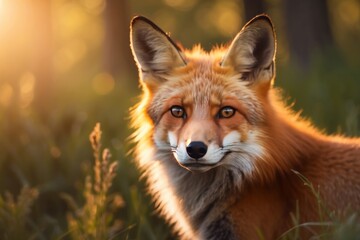 Beautiful close-up portrait of a fox in the forest at sunset in the grass. - 709219275