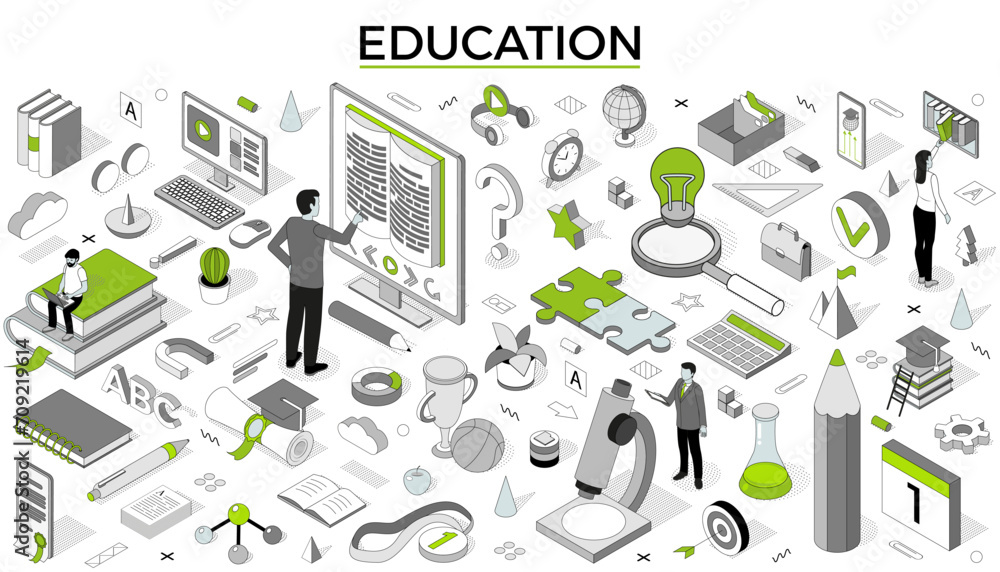 Poster University study. Isometric students learning on training. Outline people in computer class. Knowledge service. Library book and educational video. Electronic course. Vector line concept