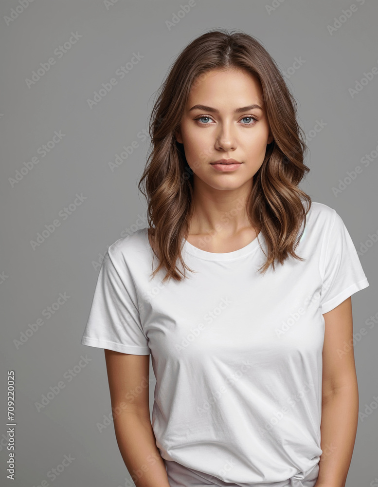 Sticker woman in a white T-shirt, mockup for design selling online
