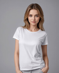 Fototapeta premium woman in a white T-shirt, mockup for design selling online 