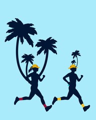 Silhouette Runners with Palm Trees on Blue Background
