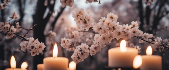 beautiful flowering tree in spring with burning white candles decoration on blurred garden background
