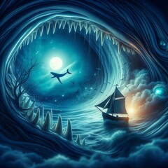 Majestic Encounters: Surreal Adventures in a Mythical Ocean with Giant Whales and Sailing Ships with Ai generated