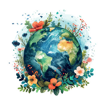 earth day cartoon style watercolor illustration on white background