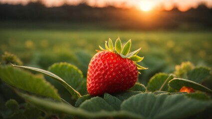 The photograph depicts a close-up of a succulent strawberry nestled within the lush grass, set against the backdrop of a picturesque sunset. - 709220647