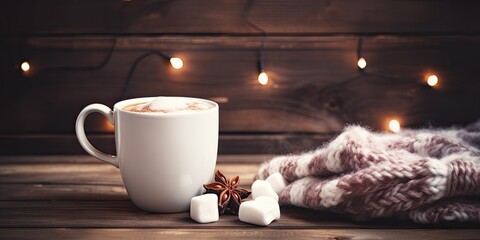 Cozy holiday concept with hot cocoa, marshmallow, winter elements, and a festive mug on a wooden table.