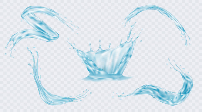 Water splash. 3d white wave, isolated blue drops on surface, realistic transparent swirl sides. Falling aqua in motion. Pure clean liquid. Drinks and beverage, vector 3d background