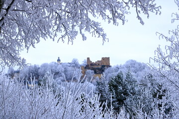 Castle Frauenstein in Frauenstein in winter, Erzgebirge, Saxony, Germany