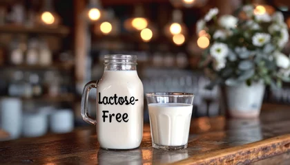  Lactose-free milk in a glass and jug and a sign. Concept: nutrition and products for allergy sufferers. Food with beneficial properties. Farm products without harmful substances.  © Marynkka_muis_ua