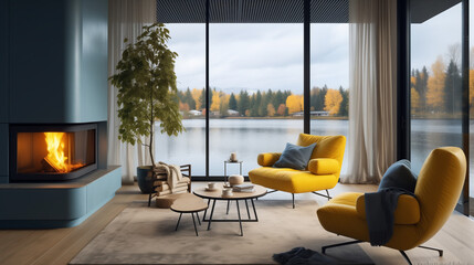 Scandinavian home interior design of modern living room. chairs at round wooden dining table in room with sofa and cabinet near green wall. Scandinavian, mid-century home interior design of modern 