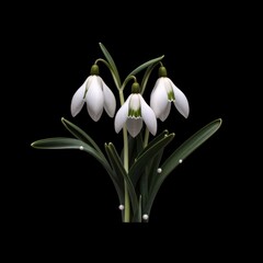 Spring snowdrops in glass with water on black background. Beautiful first spring flowers, close up