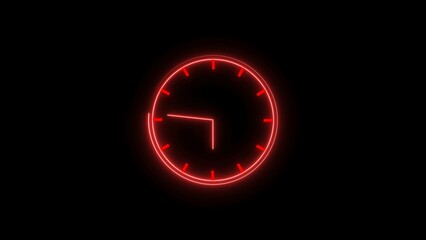 Red color clock with glowing neon light 24 Hour Day Fast Speed. Red circle digital and analog clock looped black background 4k illustration.