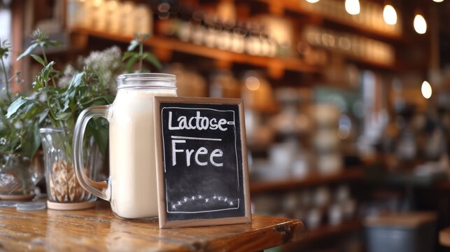 Lactose-free milk in a glass and jug and a sign. Concept: nutrition and products for allergy sufferers. Food with beneficial properties. Farm products without harmful substances.
