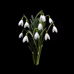 Obraz premium Spring snowdrops in glass with water on black background. Beautiful first spring flowers, close up