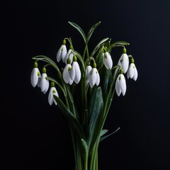 Spring snowdrops in glass with water on black background. Beautiful first spring flowers, close up