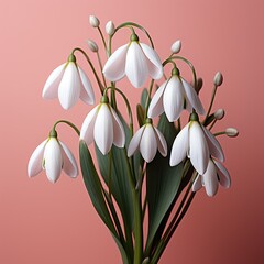 A bouquet of spring flowers of snowdrops on a pink background. Greeting card for Women's Day on March 8, March 1.