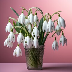 A bouquet of spring flowers of snowdrops on a pink background. Greeting card for Women's Day on March 8, March 1.