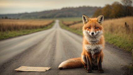 A red fox sits calmly on a rural road with a sign. Generative AI
