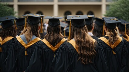 University Students in caps and gowns celebrating graduation day Generative AI	