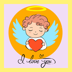 Cute card with cupid, text i love you and heart. Hand drawn vector illustration.
