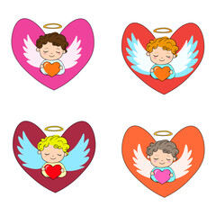 Set of colorful Cute cartoon valentine hearts with angels. Vector illustration.