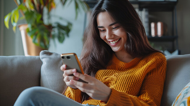 Happy young latin woman sitting on sofa holding mobile phone using cellphone technology doing ecommerce shopping, buying online, texting messages relaxing on couch in cozy living room at home