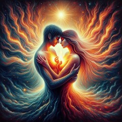 Twin flame couple. Soulmates. The concept of magical, esoteric, tantric, spiritual love. Connection between souls. Illustration for websites and much more. Created using generative ai tools.
