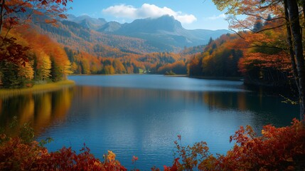 AI generated illustration of a lake view framed by autumn foliage with captivating mountains