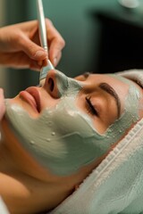 woman getting a green facial at her spa, in the style of dark beige and gray