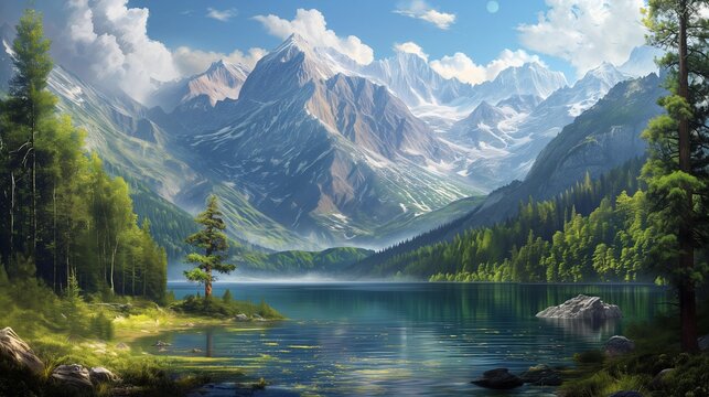 AI generated illustration of captivating mountains and a lake view
