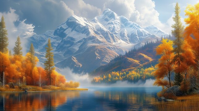 AI generated illustration of a captivating mountain range surrounded by a peaceful lake view