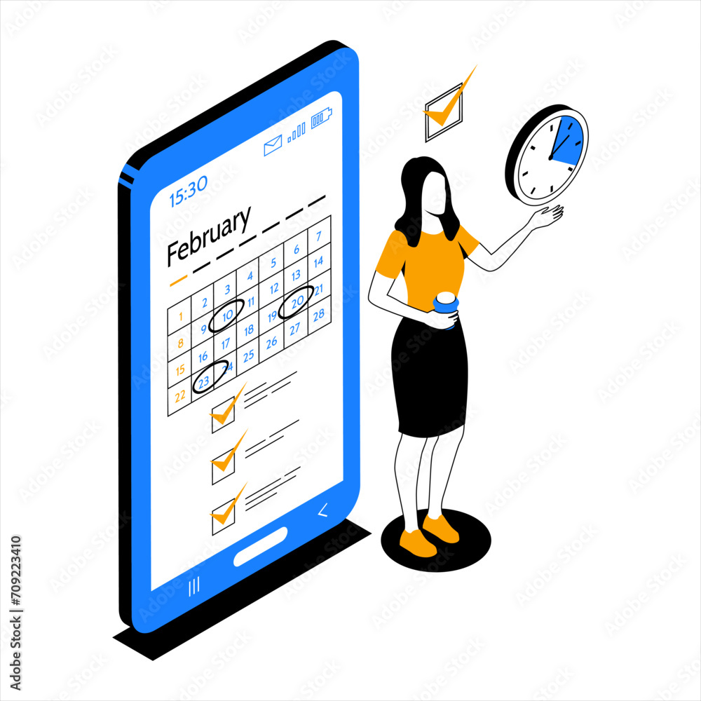 Poster time management. people organize productive workflow and effective schedule. month calendar. mobile 