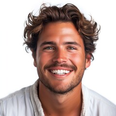 Fototapeta premium a professional portrait studio photo of a handsome young white american man model with perfect clean teeth laughing and smiling. isolated on white background. for ads and web design. Generative AI