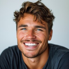 Fototapeta premium a professional portrait studio photo of a handsome young white american man model with perfect clean teeth laughing and smiling. isolated on white background. for ads and web design. Generative AI