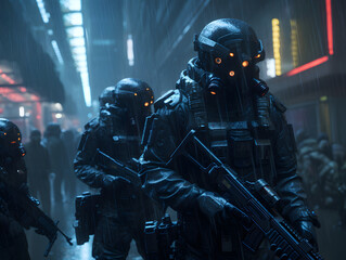 Amidst the chaos and destruction, a team of heavily armed figures, clad in sleek black uniforms and intimidating helmets, stand ready to unleash their arsenal in a thrilling action-packed adventure r