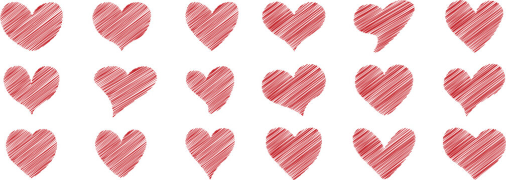 Red hearts with trendy scribble texture. Set of love symbol for web site logo, mobile app UI design. Design elements for Valentine's day