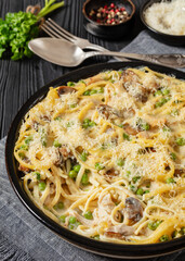 baked chicken tetrazzini in baking dish, top view