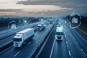 Highway with white trucks in motion, set against a backdrop of an overcast sky with digital icons and graphs superimposed to suggest advanced logistics or transportation management systems