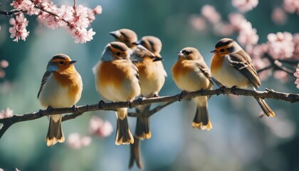 beautiful little birds are sitting next to each other on a branch in a Sunny spring Park - obrazy, fototapety, plakaty