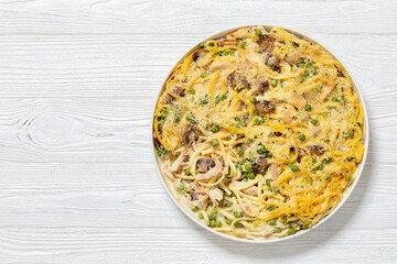 baked chicken tetrazzini in baking dish, top view