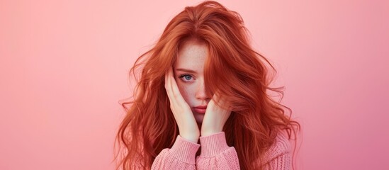 Redheaded woman hides face, looks at camera on pink background.