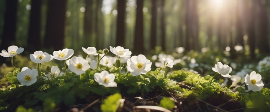 Beautiful white flowers of anemones in spring in a forest close-up in sunlight in nature.