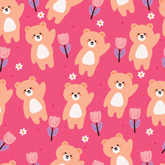 seamless pattern cartoon bear and flower. cute wallpaper for textile, gift wrap paper